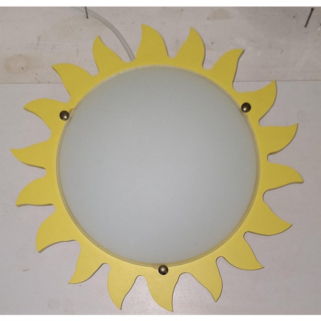 Vintage Ceiling Lamp with Matte White Glass Shade on Metal Mount with a Yellow Sunburst Frame by Zikoli, 2000s For Sale - Image 6 of 8