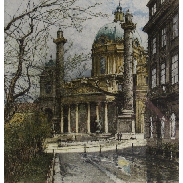 This artwork titled "Saint Charles's Church (Wien Kariskirche)" c. 1970 is a color etching on wove paper by noted Austrian...