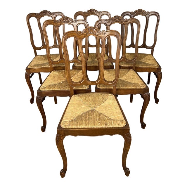 Vintage French Dining Chairs in Oak with Rush Seats, Set of 6 For Sale