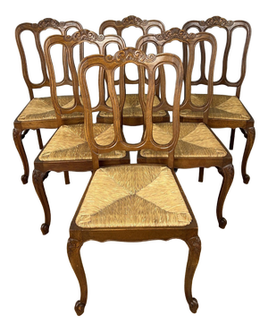 Vintage French Dining Chairs in Oak with Rush Seats, Set of 6