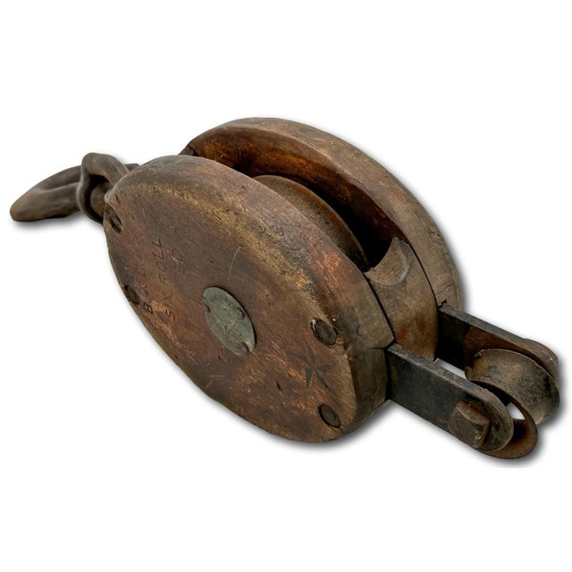 Wood Large Antique Tall Ship Sail Rigging Block & Tackle Pulley by Boston & Lockport Block Company For Sale - Image 7 of 12