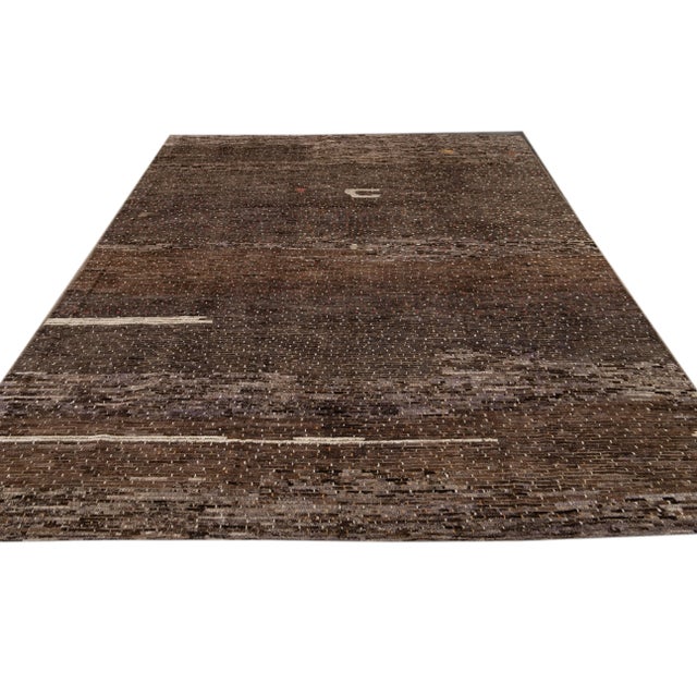 Abstract Modern Abstract Moroccan-Style Room Size Wool Rug in Brown For Sale - Image 3 of 12