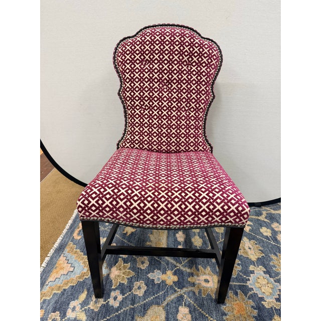 Lillian August Set of 4 Custom Upholstered Burgundy Geometric Velvet Dining Chairs For Sale - Image 4 of 8