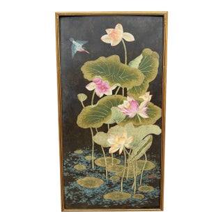 Original Robert Crowder Chinoiserie Painting of Birds & Lotus Flowers 2 of 2 For Sale