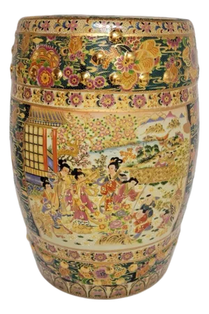 18” Chinoiserie Satsuma-Style Garden Stool, Hand-Painted & Gilt Decorated, Late 20th C