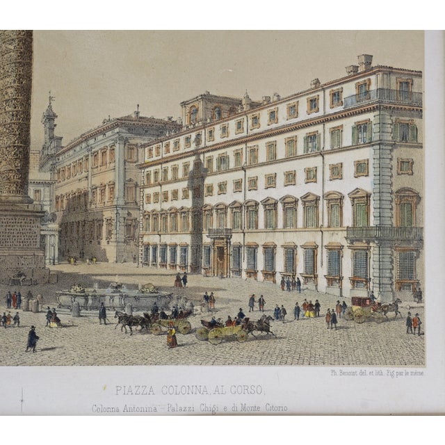 Late 19th Century Antique Rome Lithograph Piazza Colonna Benoist Italian Architecture Grand Tour Framed Wall Art 19th Century For Sale - Image 5 of 6