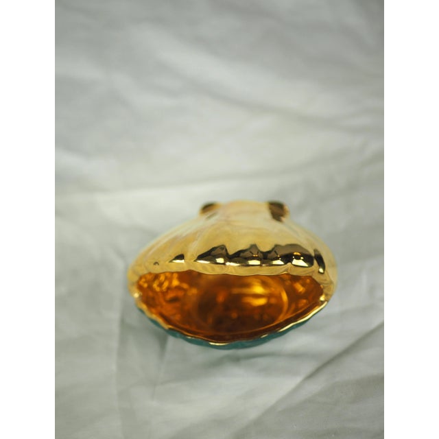 Mid-Century French Limoges Porcelain Tray Gilted Scallop Shell Shaped With a Duck Green Background For Sale - Image 6 of 11