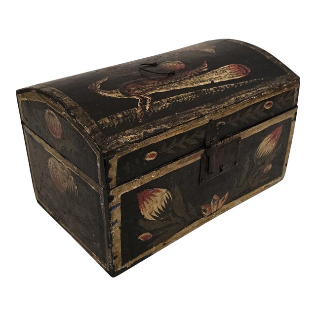 Antique Hand-Painted Arched-Top Wooden Box With Floral Decoration For Sale