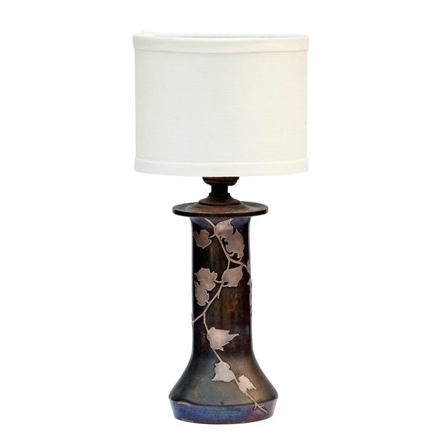 Early 20th C vessel in bronze with vines & leaves in sterling silver overlay by renowned Arts & Crafts studio Heintz...