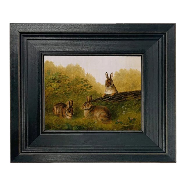 Bunnies in the Field Framed Print on Canvas in Distressed Black Wood Frame. 8.5" X 9.5" For Sale