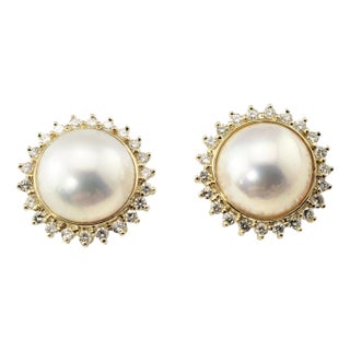 Late 20th Century 14 Karat Yellow Gold Mabe Pearl and Diamond Earrings, A Pair For Sale