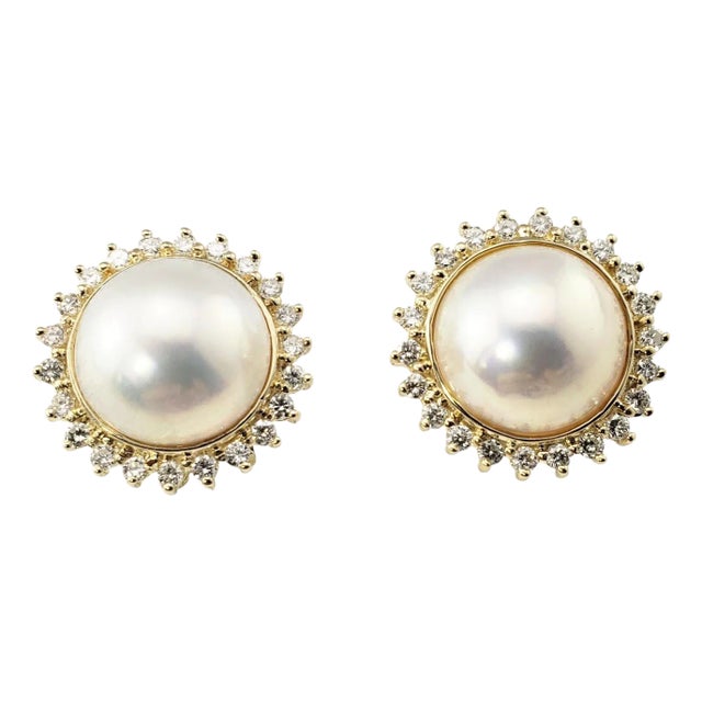 Late 20th Century 14 Karat Yellow Gold Mabe Pearl and Diamond Earrings, A Pair For Sale