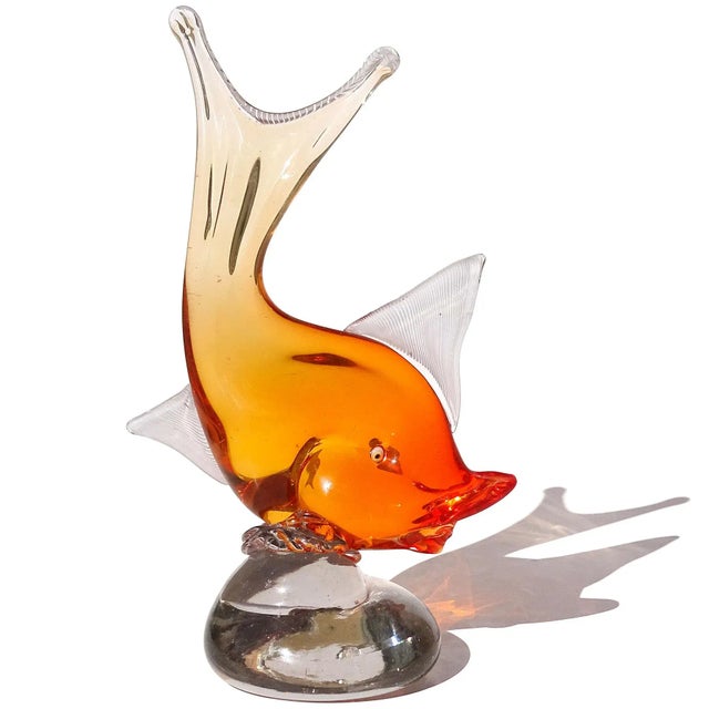 Beautiful vintage Murano hand blown Sommerso bright orange Italian art glass fish on base sculpture. Documented to...