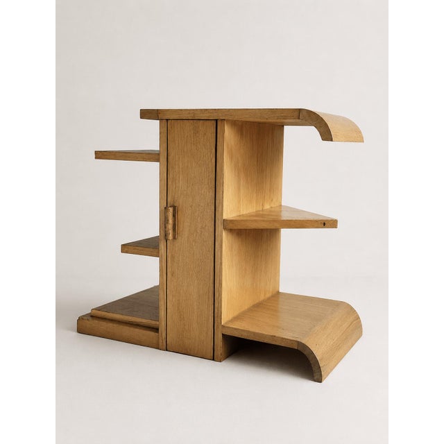 Modernist French Architectural Blonde Mahogany Side Table and Pedestal Cabinet, 1930s For Sale - Image 9 of 9
