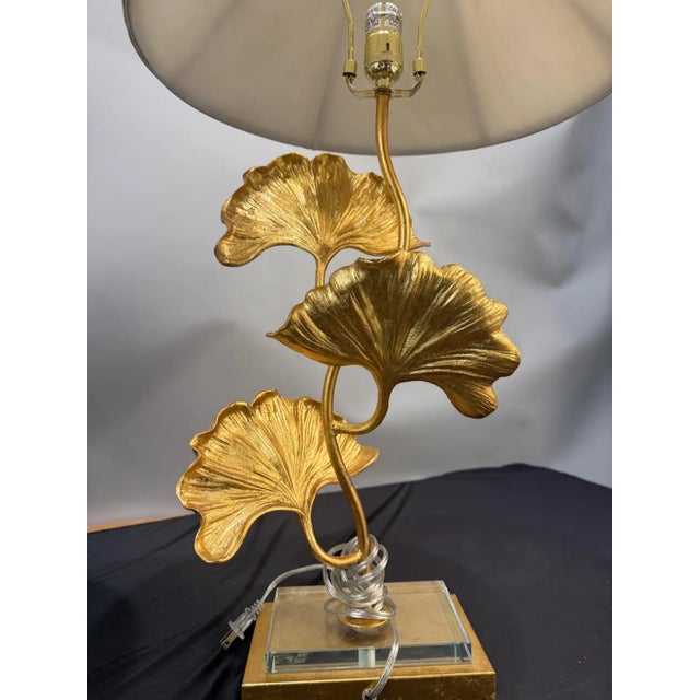 Hollywood Regency Late 20th Century Pair of Gilt Bronze Ginkgo Leaf Table Lamps With Shades For Sale - Image 3 of 13