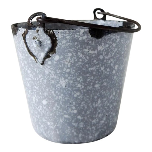Tiny Vintage Gray Graniteware Match Holder Bucket Pail For Sale