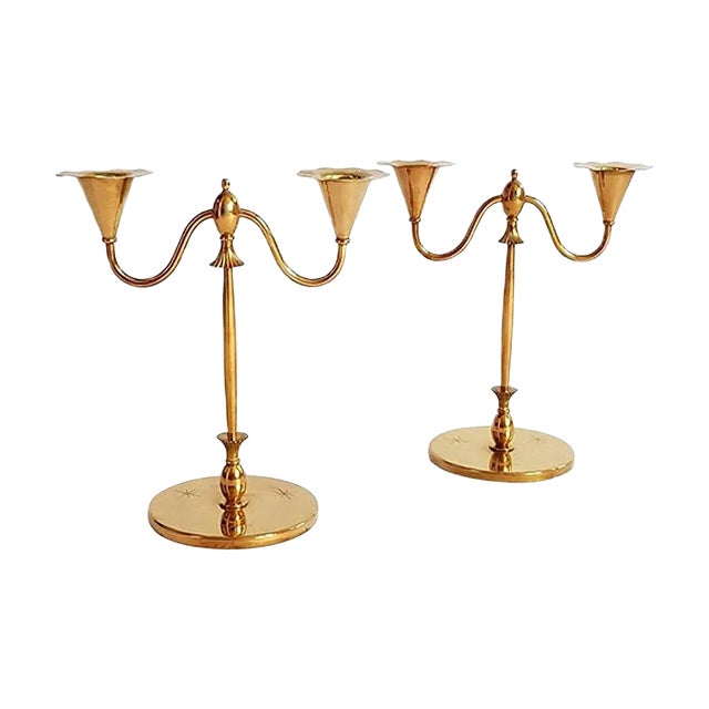 Art Deco Swedish Candlesticks in Brass from O.H. Lagerstedt, Set of 2 For Sale