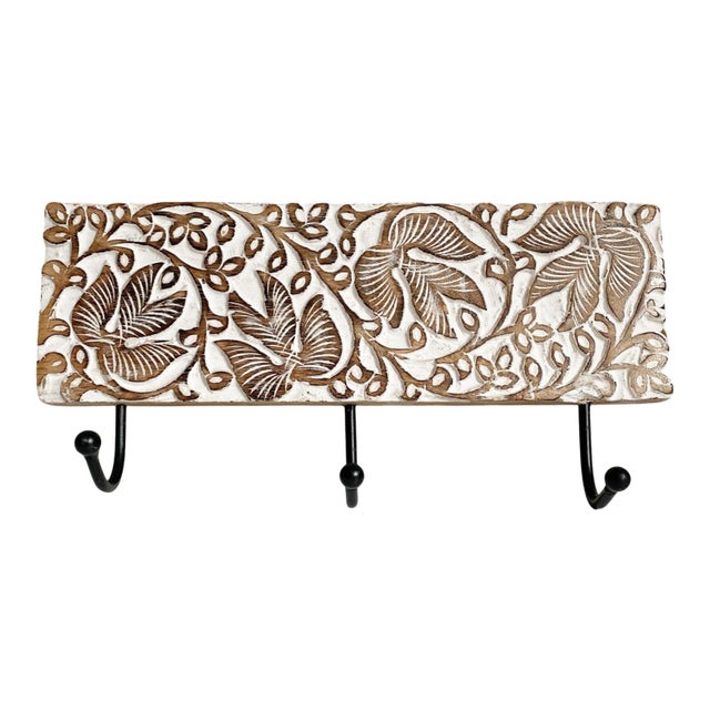 White Washed Carved Mango Wood 3 Hook Wall Rack For Sale
