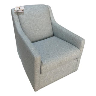 C. R. Laine Kendrick Swivel Chair 545-05sw Upholstered in a Soft, Neutral Toned Thibaut Everly Spa Blue Fabric For Sale
