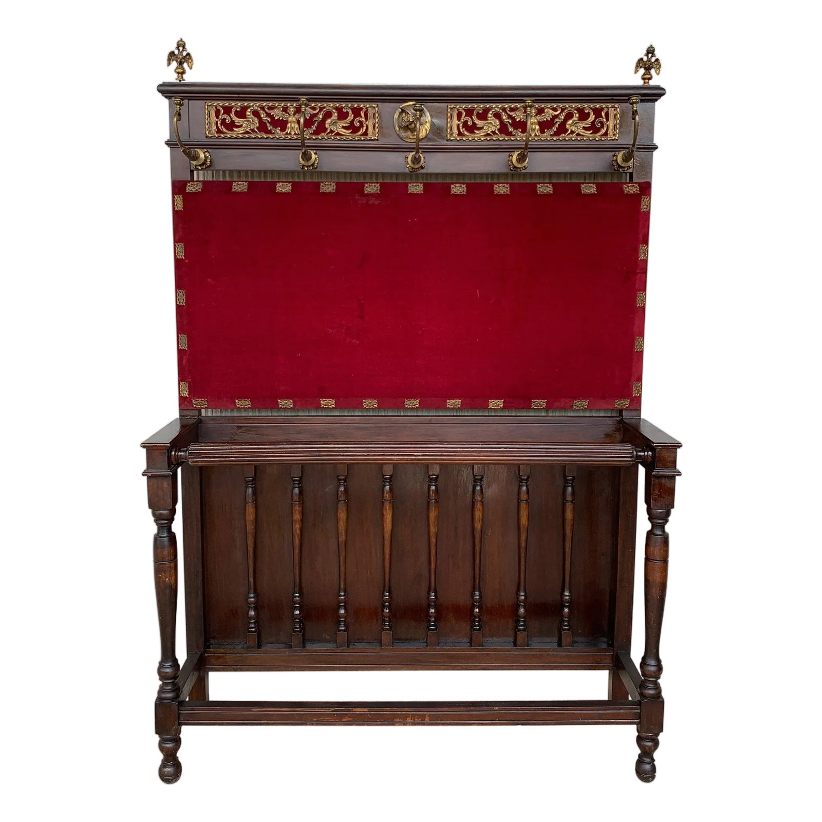 19th Large Carved Spanish Solid Walnut Coat Rack Stand with Red Velvet ...
