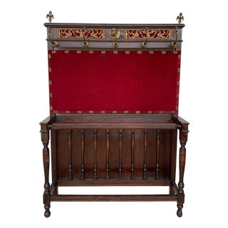19th Large Carved Spanish Solid Walnut Coat Rack Stand with Red Velvet Back For Sale