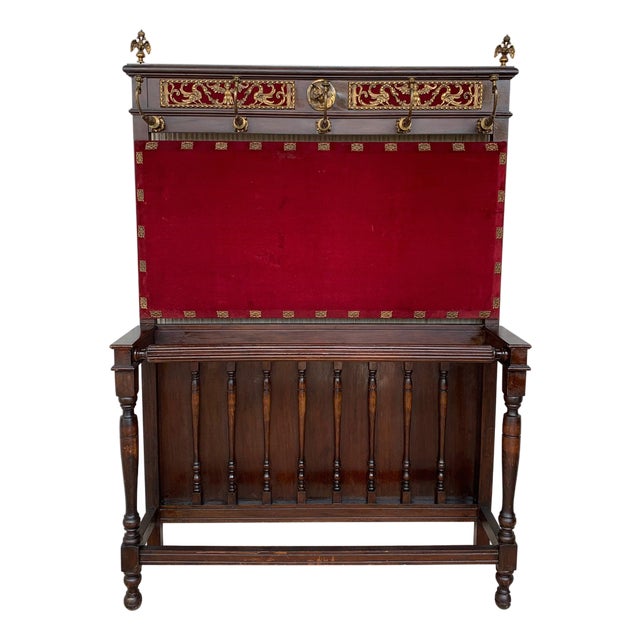 19th Large Carved Spanish Solid Walnut Coat Rack Stand with Red Velvet Back For Sale