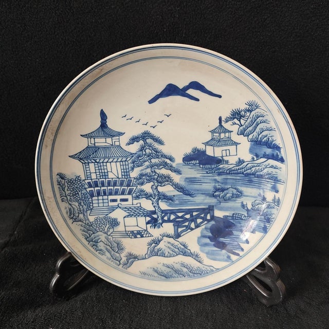 Chinese Ceramic Plate,Blue and White Porcelain Plate Hand Painted Landscape Pattern For Sale - Image 4 of 10