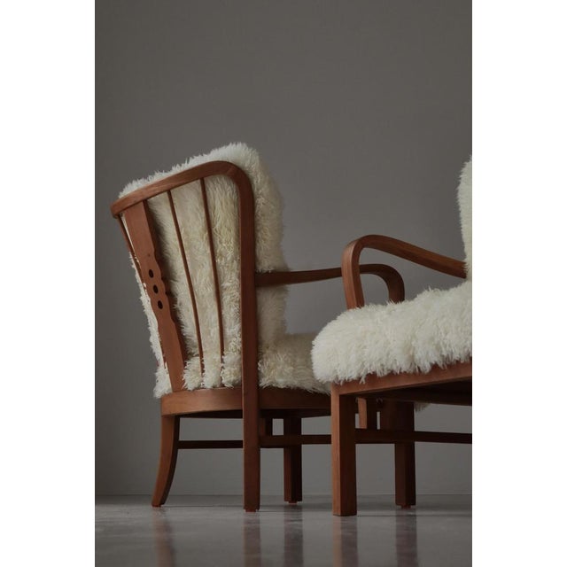 Elm, Cane, and Sheepskin No. 1588 Lounge Chairs from Fritz Hansen, Denmark, 1940s, Set of 2 For Sale - Image 10 of 18