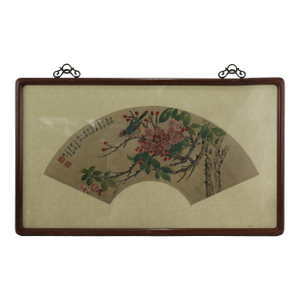 Vintage Chinese Fan Painting Bird and Pink Flowers Framed Ink and Color on Paper With Calligraphy Poem