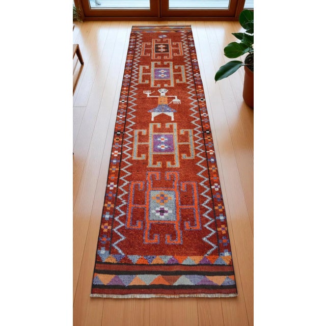 1960s 1960s Vintage Hand-Knotted Primitive Turkish Rug Runner Ancient Alien Motif - 2′8″ × 10′8″ For Sale - Image 5 of 13