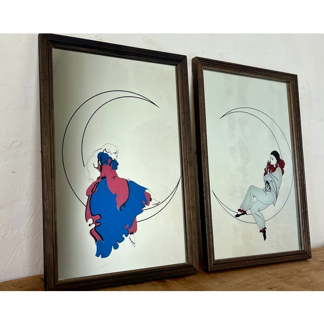 Vintage Art Deco Mirrors with Pierrot Harlequin on Crescent Moon Artwork, 1970s, Set of 2 For Sale - Image 13 of 17