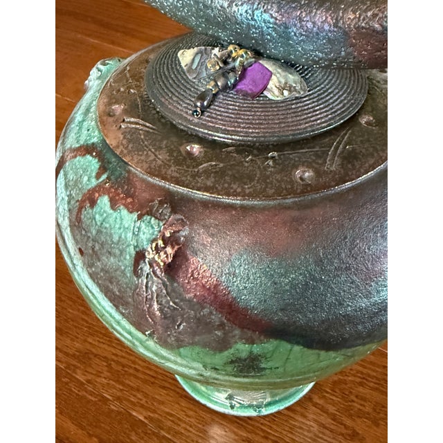 Boho Chic Exquisite Signed "Ryon" Large Studio Art Raku Lidded Vessel With Ceramic Branch-Like Handle With Decorative Jewel Adornment - Vintage For Sale - Image 3 of 12