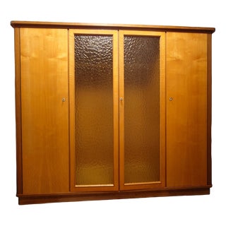Large Mid-Century Modern Wardrobe in Oak and Birch Veneer with Textured Glass Doors, East German, 1959 For Sale