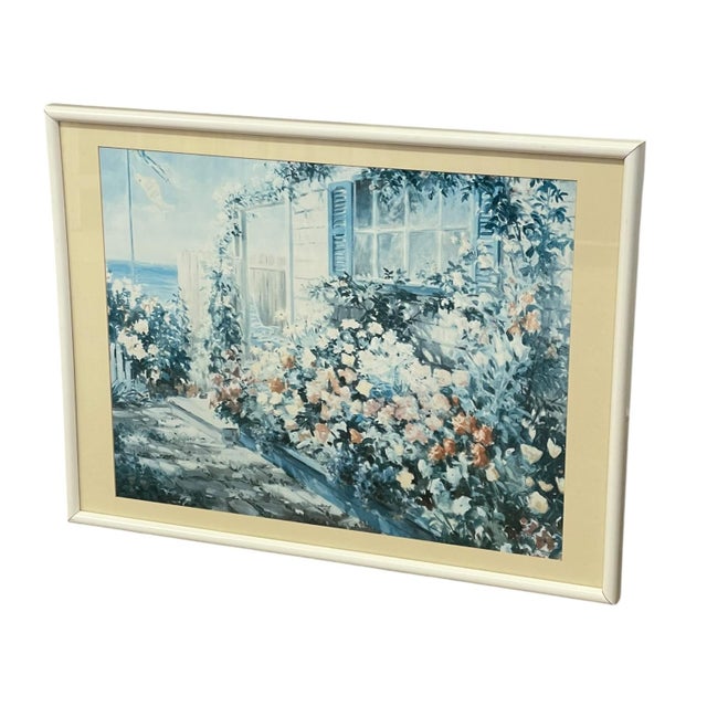 Blue Vintage Coastal Cottage Garden Landscape Print With Ocean View, Framed For Sale - Image 8 of 10