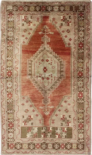 Vintage Oushak Rug With Geometric Motifs in Terracotta, Green and Tan