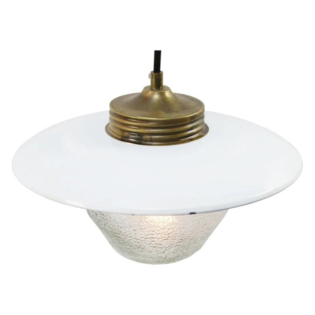 Mid-Century Modern Vintage Brass, White Enamel & Frosted Glass Pendant Lights For Sale - Image 3 of 7