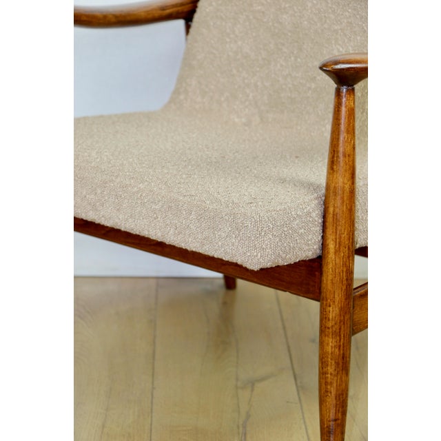 Vintage armchair gfm 300-202 designed by j.kedziorek, loft style from the 1970s, in beige and gold boucle fabric. a...