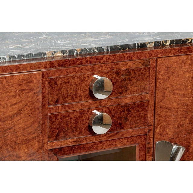 Brown French Art Deco Amboyna Burl Sideboard or Bar Cabinet With Marble Top, Circa 1930 For Sale - Image 8 of 18