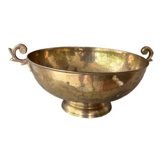 Vintage Hammered Brass Footed Compote Bowl With Handles For Sale