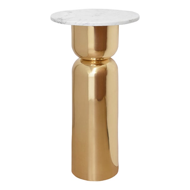 Matthew Izzo Home Alina Round White Marble Top and Polished Brass Side Table For Sale