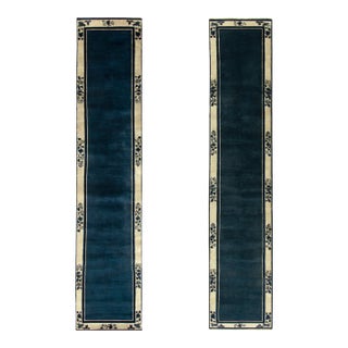 Rug & Kilim’s Vintage Twin Runner Rugs, Blue Open Field With Cream Floral Border For Sale