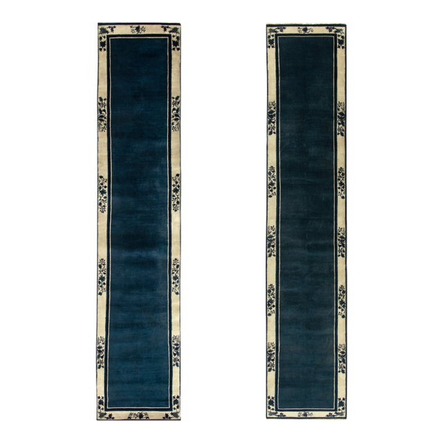 Rug & Kilim’s Vintage Twin Runner Rugs, Blue Open Field With Cream Floral Border For Sale