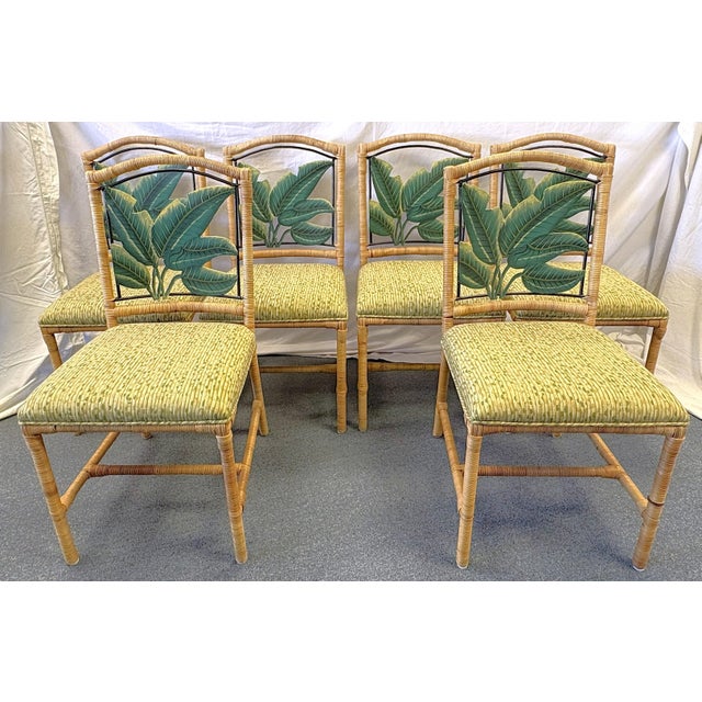 Vintage McGuire Style Rattan Wrapped Dining Chairs With Banana Leaf Back Detail- Set of 6 For Sale - Image 17 of 18