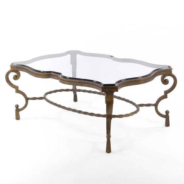 Incredible Vintage Glass Coffee Table with a beautiful Bronze Patina. Flowing Rectangular shape with an inset 5/8 inch...
