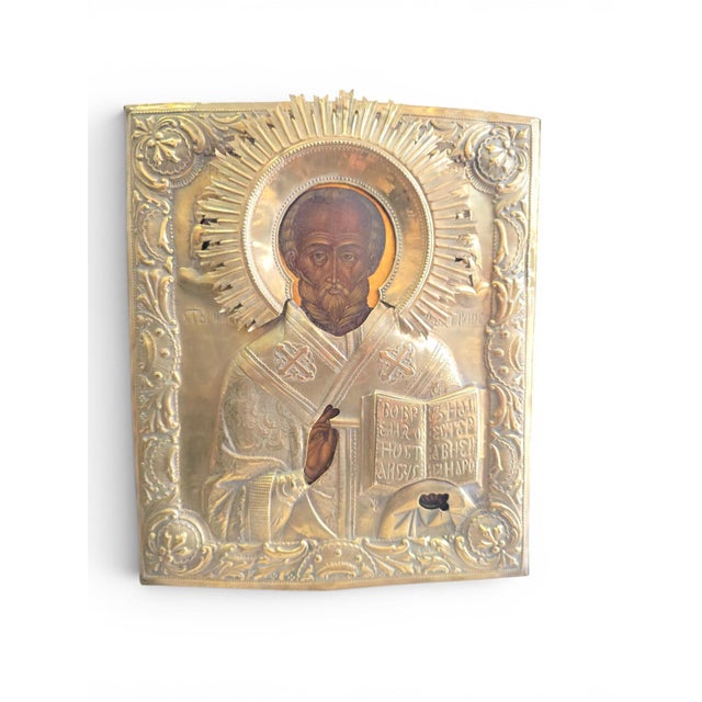 19th Century Russian Icon of Saint Nicholas with Silver-Plated Metal Oklad Exceptional 19th-century Russian icon depicting...
