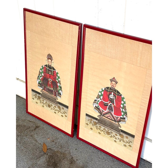 1910s Antique Chinese Ancestor Portrait Paintings - Pair For Sale - Image 5 of 7