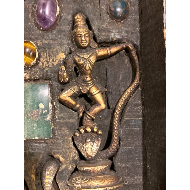 Wood Antique Nepalese Durga Hindu Shrine Brass Wood Stone Inlaid Wall Plaque C1900 For Sale - Image 7 of 16