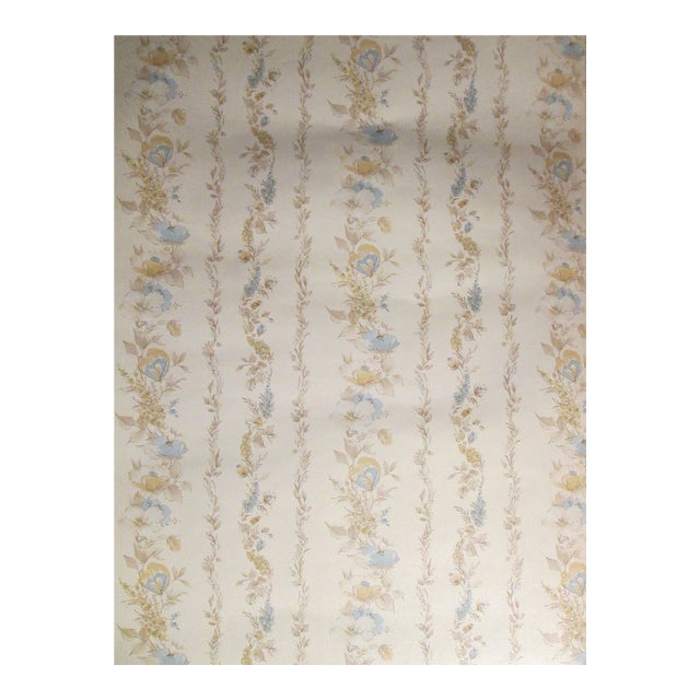Vintage 1980s Blue and Beige Floral Stripe Wallpaper For Sale