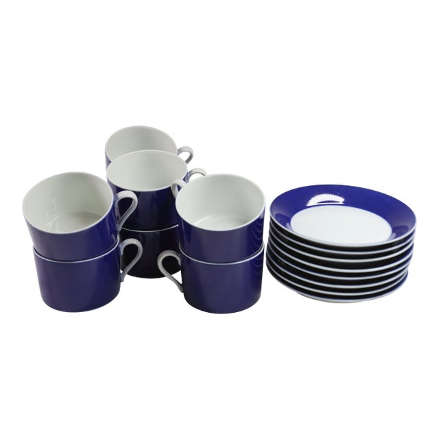 1970s Fitz & Floyd Imperial Dynasty Blue Coffee Cups & Saucer Set- 16 Pieces For Sale