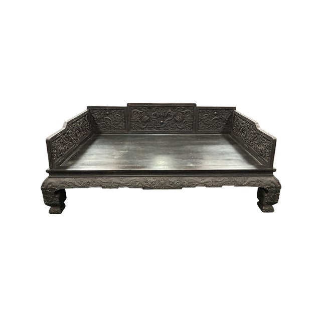 Black Oriental Dragon Relief Motif Solid Dense Tan Wood Luohan Daybed For Sale - Image 8 of 16